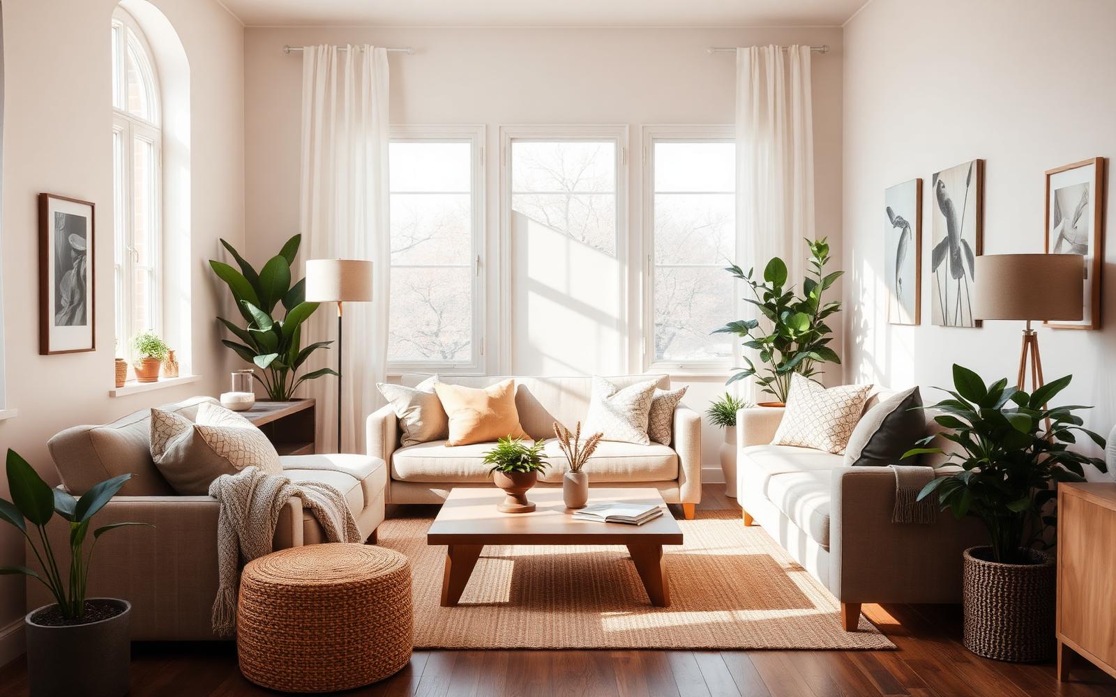 Warm, sunlit living room with neutral furniture and plants