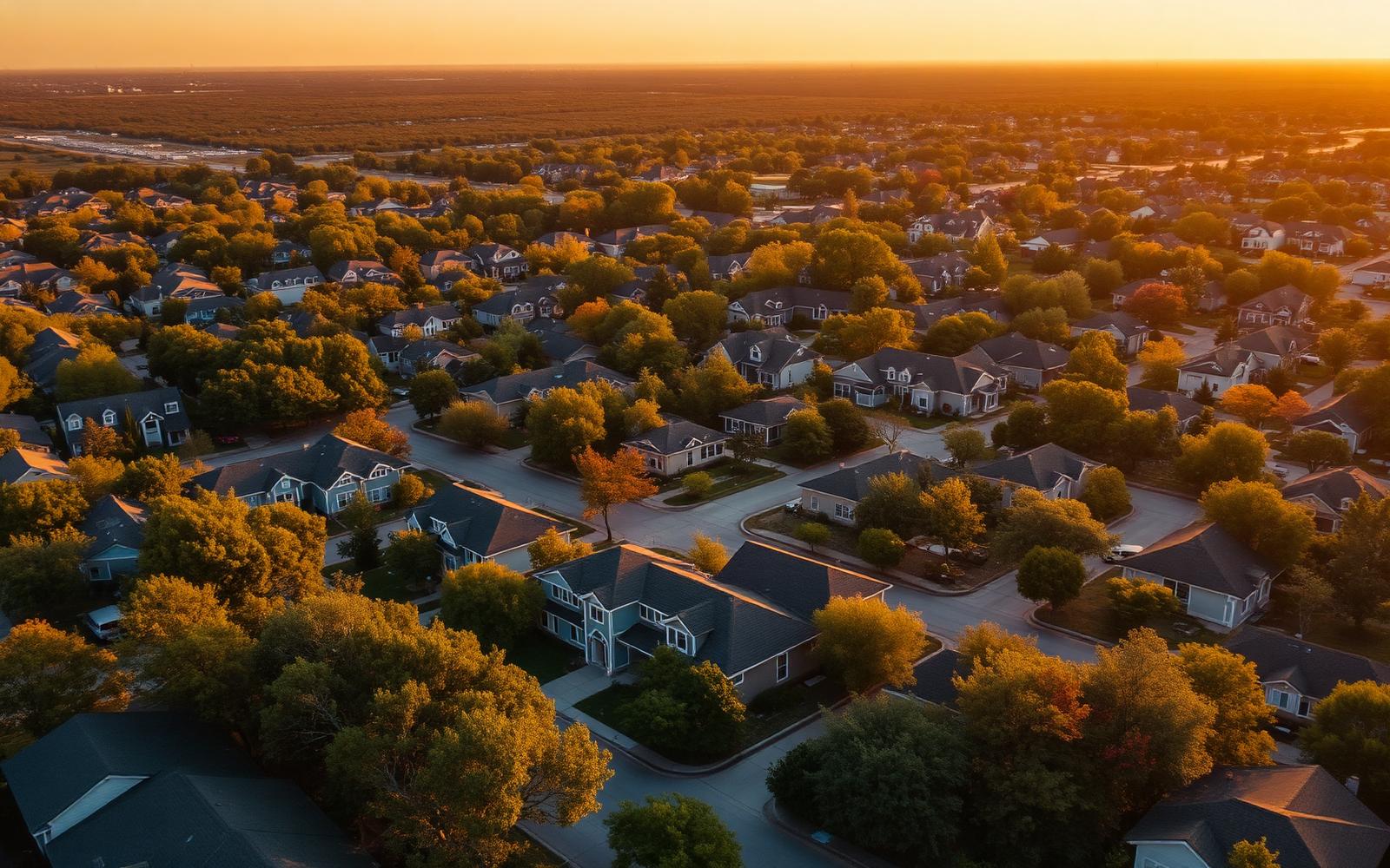 Aerial view of a Houston-area neighborhood at golden hour