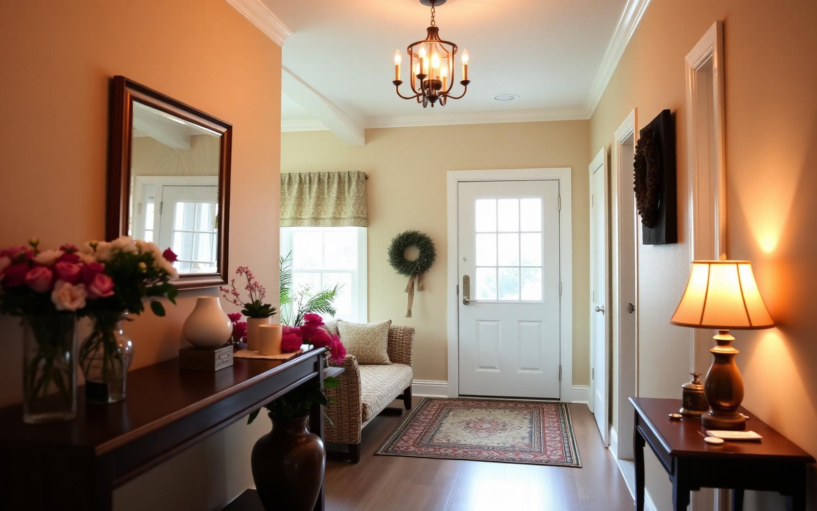 Bright, styled home entryway with fresh flowers